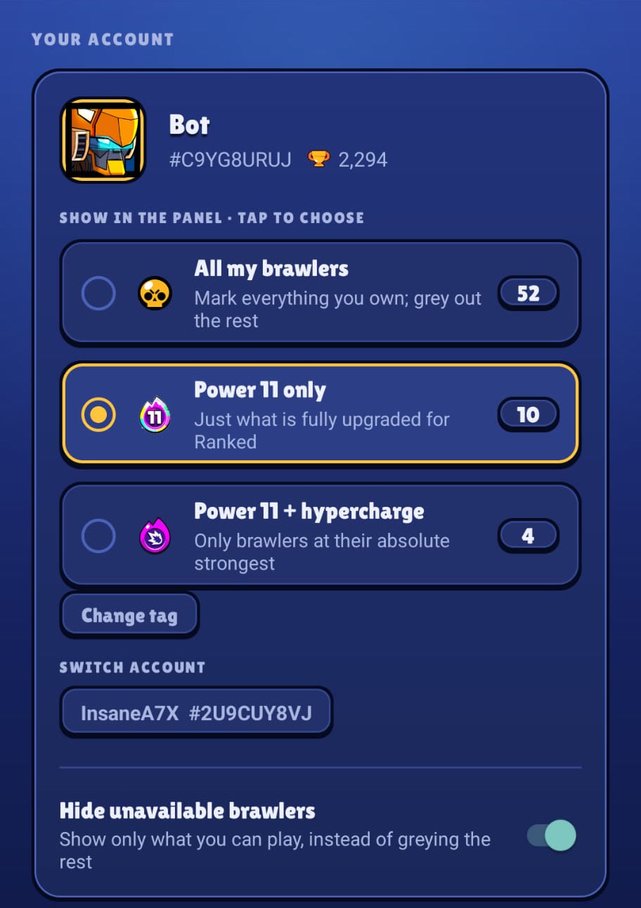 The app's account card: the player name, tag and trophies, the choice between all owned brawlers, power 11 only or hypercharged, and a saved second account to switch to