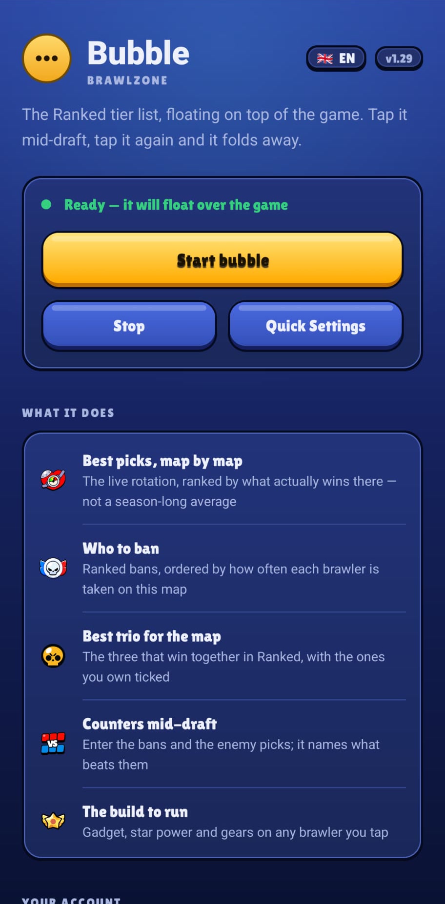 The BrawlZone Bubble app's main screen: the Start bubble, Stop and Quick Settings buttons, and a list of what the panel does