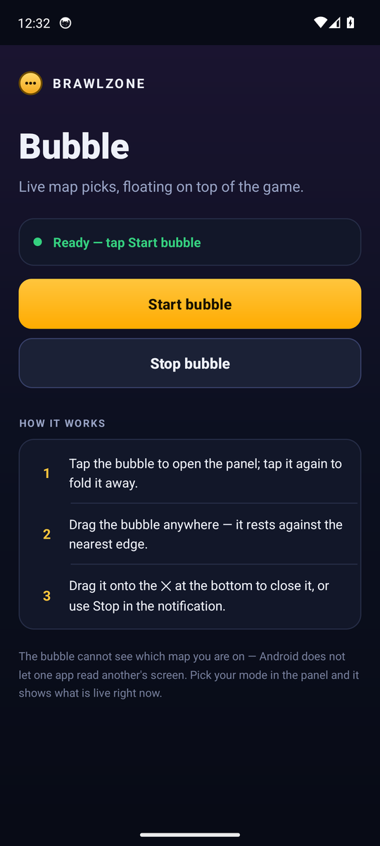 The BrawlZone app's main screen, showing the permission status and Start bubble button