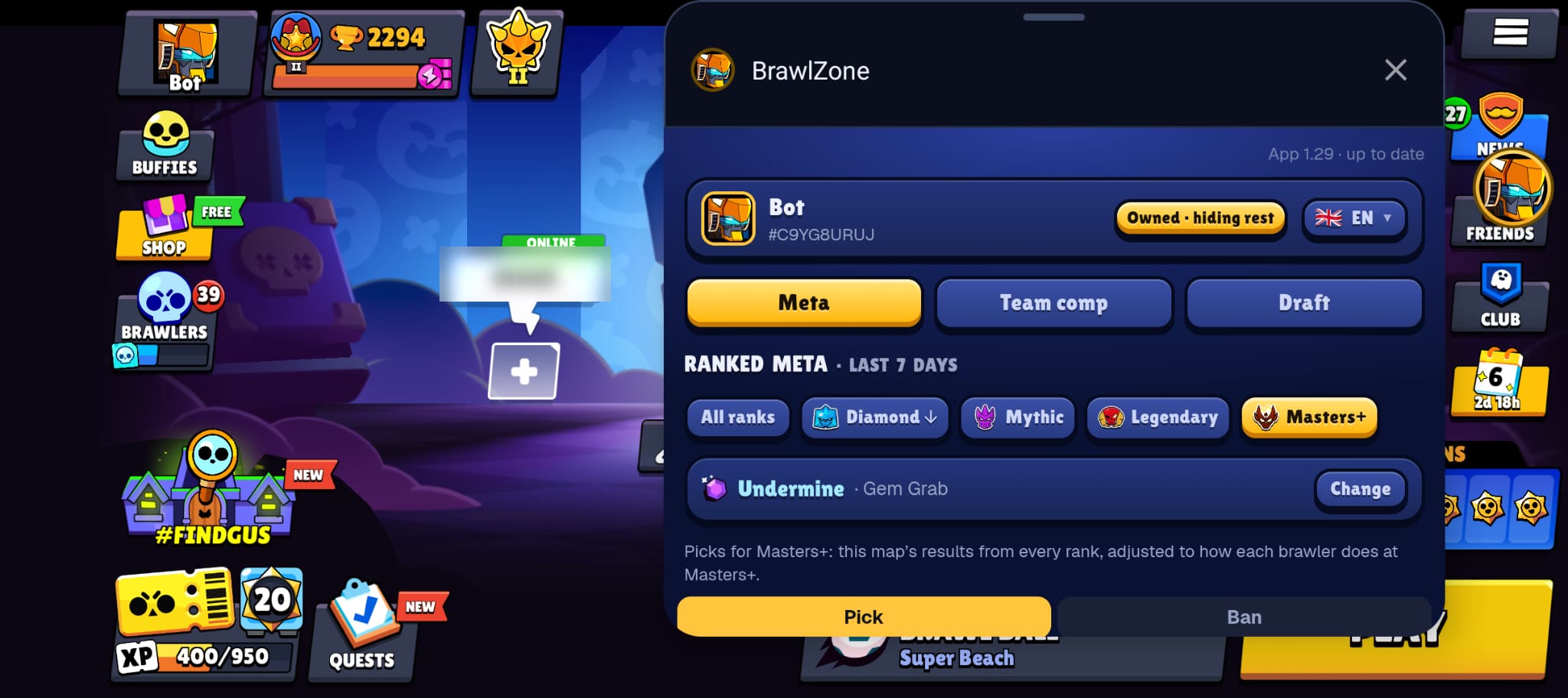 The BrawlZone panel open on top of the Brawl Stars lobby on a phone, showing the Ranked meta for Masters+ on Undermine